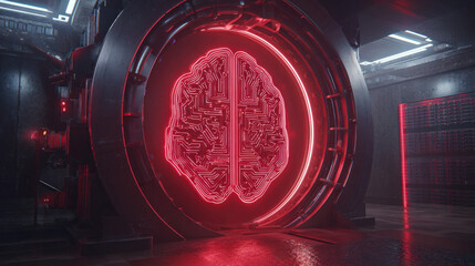 3D vault door with AI brain relief carving luminous outline security tech fusion illustration concept scene visual for commercial design use high detail quality stock image illustration concept scene 