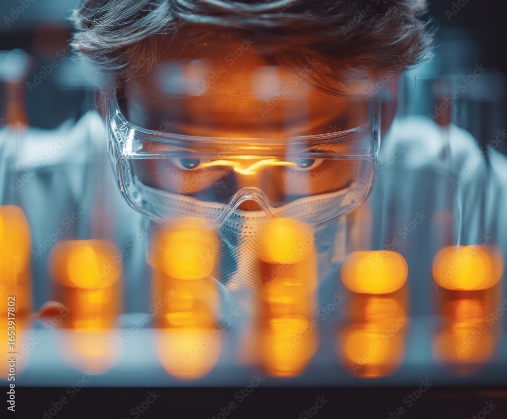 Poster focused scientist examining samples in a laboratory setting, conducting research and experimentation