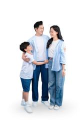 Asian happy family of three members stands close to each other, smiling and laughing, exuding warmth and love on png background