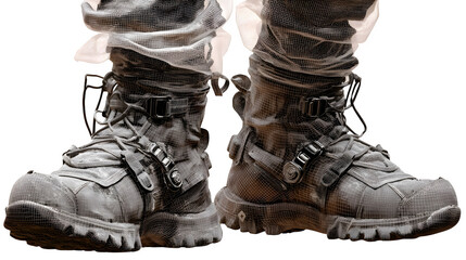 Lunar boots with dust and tread detail, standing on invisible surface, isolated on transparent background