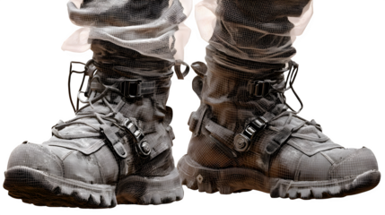 Lunar boots with dust and tread detail, standing on invisible surface, isolated on transparent background