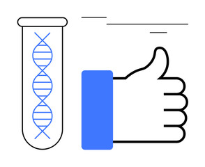 DNA strand within a test tube beside a thumbs-up gesture. Ideal for innovation, biotechnology, approval, research, healthcare, science engagement, education. Minimalist flat metaphor