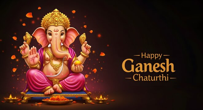 Happy ganesh chaturthi greeting with lord ganesha idol, festive lights and flower petals