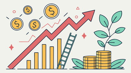 Investment growth chart with arrow and coins showing financial success and business development plan strategy