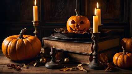 Vintage Halloween Still Life with Carved Pumpkin, Antique Candlesticks, Old Spell Books, and Candlelight Glow