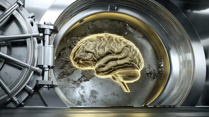 3D vault door with AI brain relief carving luminous outline security tech fusion illustration concept scene visual for commercial design use high detail quality stock image illustration concept scene 