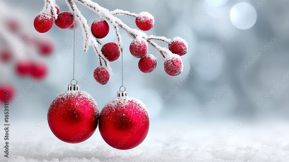Poster a red and white christmas tree with two red ornaments hanging from a branch. the snow on the tree an