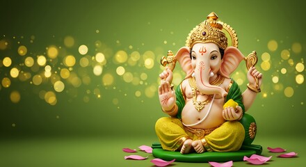 Lord ganesha, the hindu god with an elephant head, seated in meditation on a green background with bokeh lights