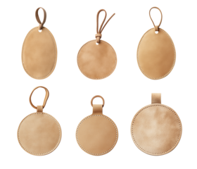 Set of round clothing and bag tags, beige suede material. Collection of empty soft leather labels with holder. Isolated clipart with clear even edge on transparent background