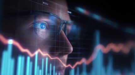 Analyst Examining Financial Data and Stock Market Trends on a Screen Overlay with Glasses