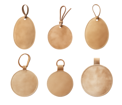 Set of round clothing and bag tags, beige suede material. Collection of empty soft leather labels with holder. Isolated clipart with clear even edge on transparent background