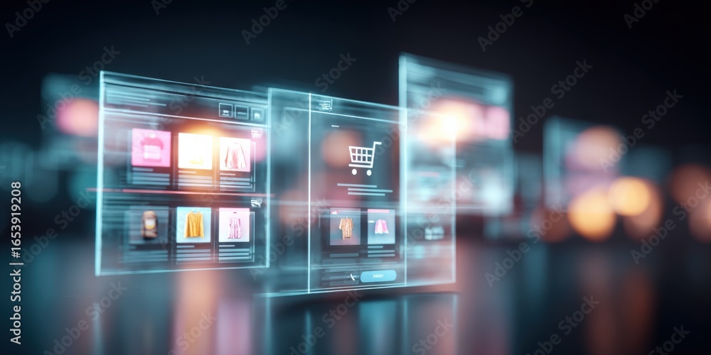 Poster futuristic online shopping interface displaying products with cart, representing e-commerce and mode