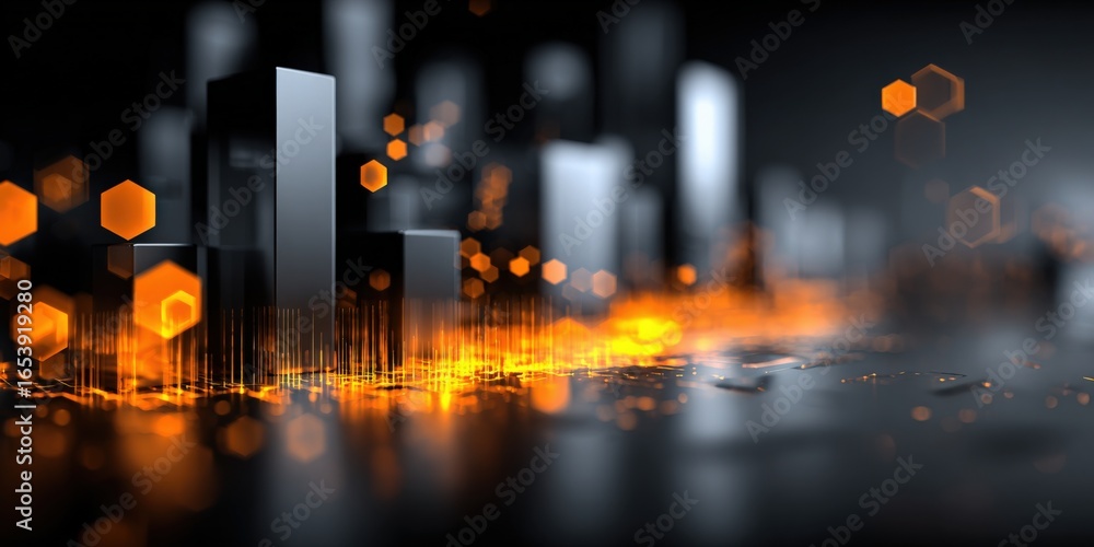 Poster futuristic abstract technology background with glowing hexagons, geometric structures, and metallic 