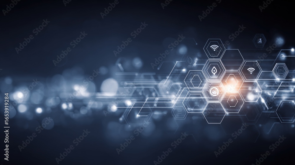 Poster futuristic digital network: abstract technology background with connection hexagons for modern busin