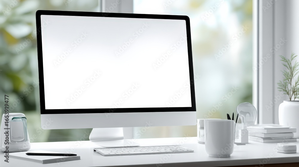 Poster Clean Workspace Mockup: Desktop Computer with Blank Screen on White Desk by Window
