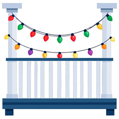 Festive Christmas Lights Decoration Hanging on Balcony Railing with White Pillars and Bright Colors