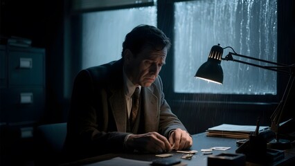 A man in a suit sits at a desk under a focused lamp, surrounded by papers and rain outside the window.