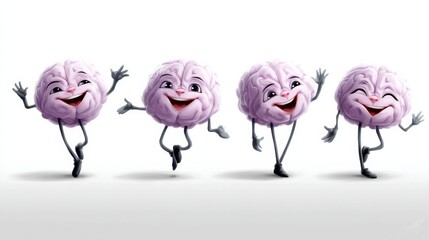 Four cartoon brains are dancing and smiling. The cartoon is lighthearted and fun. The cartoon is meant to be entertaining and make people laugh