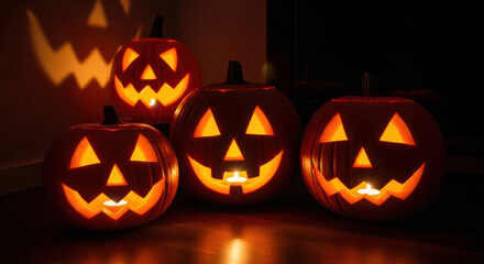 Four glowing carved halloween pumpkins with spooky faces illuminated by candlelight in the dark
