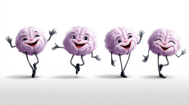 Four cartoon brains are dancing and smiling. The cartoon is lighthearted and fun. The cartoon is meant to be entertaining and make people laugh