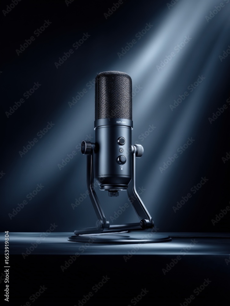Poster studio condenser microphone on stand for professional audio recording and broadcasting in dark envir