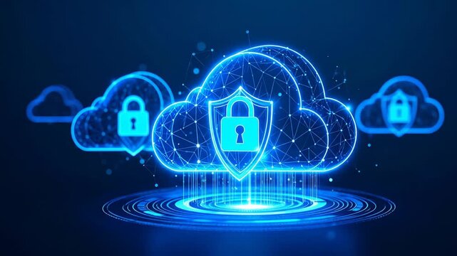 A glowing blue digital cloud with locks, shields and data lines. The scene is futuristic with an emphasis on protection and network connection