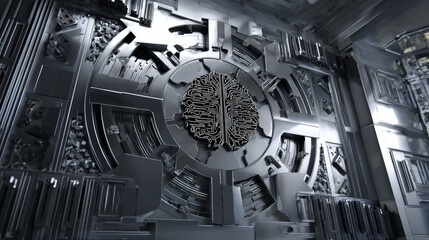 3D vault door with AI brain relief carving luminous outline security tech fusion illustration concept scene visual for commercial design use high detail quality stock image illustration concept scene 
