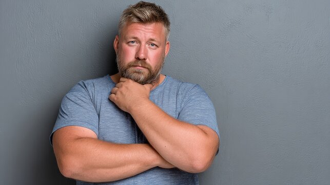 A man with a beard and a blue shirt is standing with his arms crossed. He looks sad and is looking at the camera
