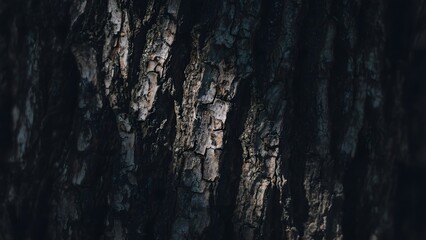 Close-up of a Tree Bark with Detailed Texture in Dark Lighting