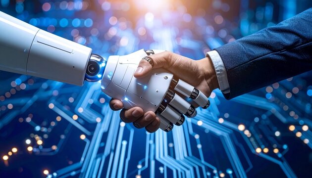 Human and robotic hands shaking in a futuristic digital circuit background, symbolizing AI partnership.