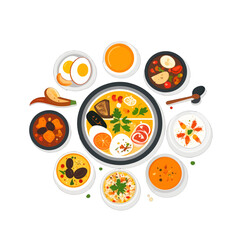 Overhead Shot of Assorted Food Plates with Eggs Rice and Soup in a Clean White Background