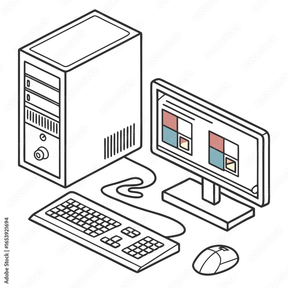 Fototapete tech configuration: an isometric graphic of a complete computer setup featuring a central processing