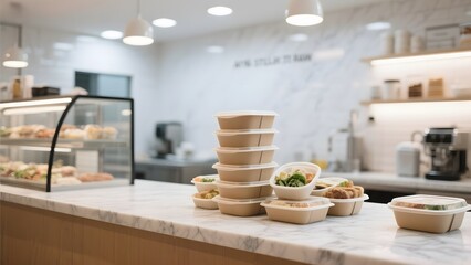 Stacked takeout containers on a counter in a modern caf��