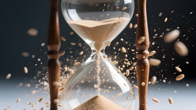 Sand flows through an hourglass, with grains scattering dynamically against a dark background.