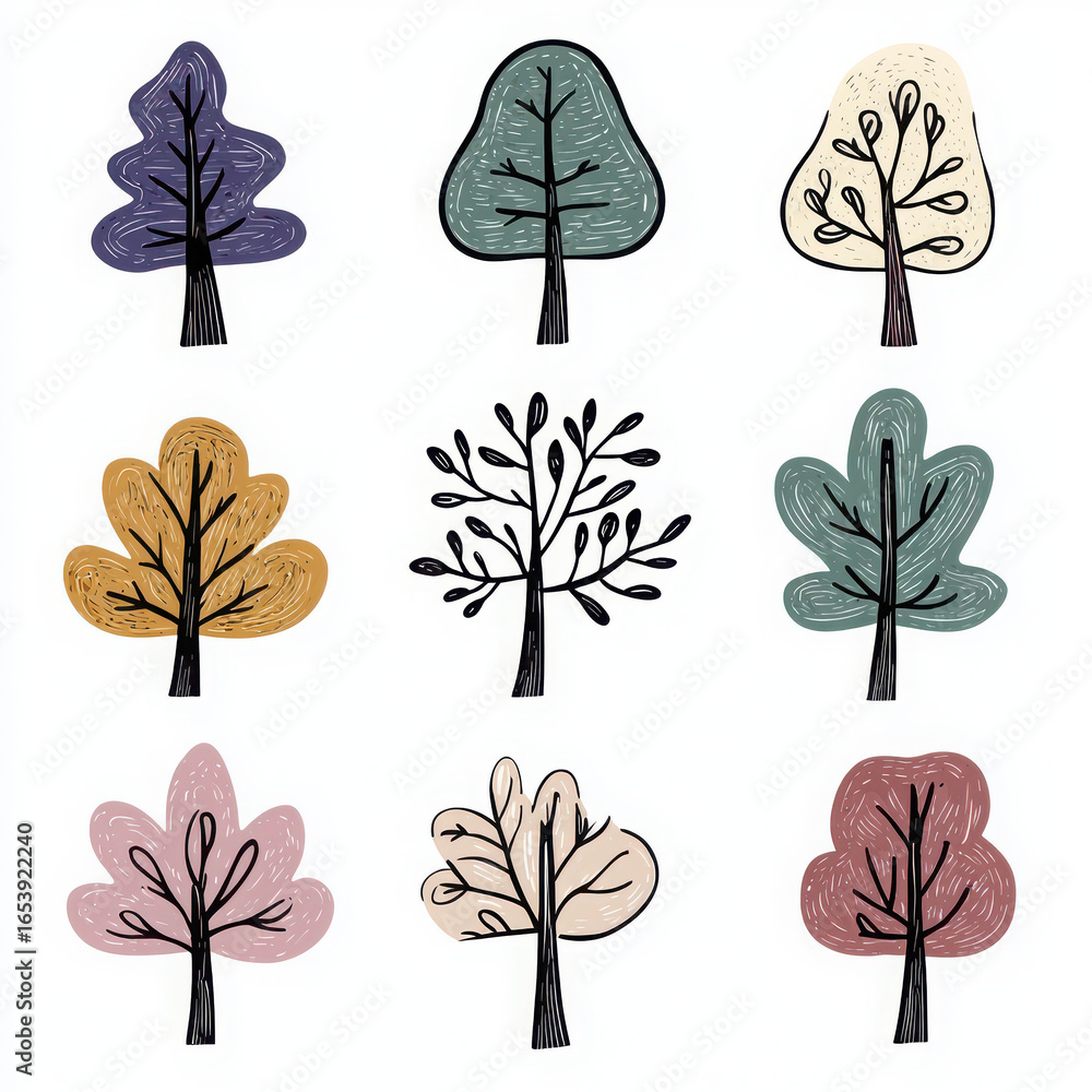 Poster colorful and artistic trees collection featuring various shapes and styles ideal for design projects