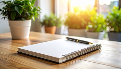 Open Spiral Notebook and Pen on a Wooden Table with Potted Plants in a Bright Studio