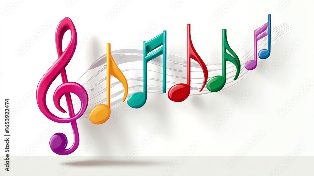 Poster a colorful musical note with a white background. the notes are arranged in a row, with the first not