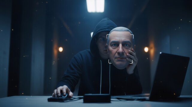 Young man in hoodie holds a mask of an older man's face, performing identity theft or deepfake. Cybercrime concept.