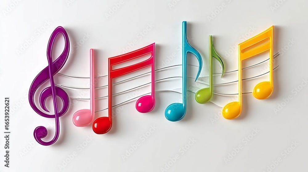 Poster a colorful musical note with a rainbow of colors. the notes are arranged in a line, with the first n