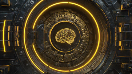 3D vault door with AI brain relief carving luminous outline security tech fusion illustration concept scene visual for commercial design use high detail quality stock image illustration concept scene 