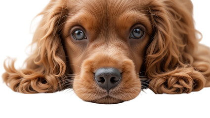 Close-up of a cute brown puppy's face showcasing adorable eyes fluffy fur and expressive features perfect for pet lovers and animal photography markets