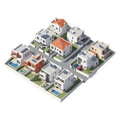 Aerial View of a Modern Residential Neighborhood with Diverse House Designs and Swimming Pools Featuring White Orange and Red Structures