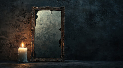 Dark and Mysterious Reflection in a Cracked Mirror with an Illuminating Candle on the Dark Surface of an Abandoned Room