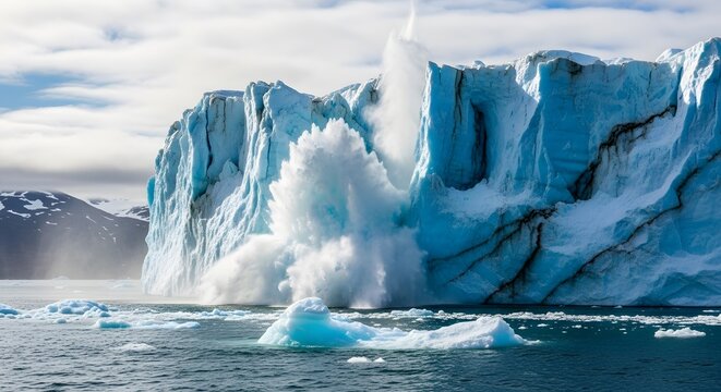 Photo of massive iceberg calving into the ocean, with a huge splash and smaller ice fragments floating in the water - Powered by Adobe