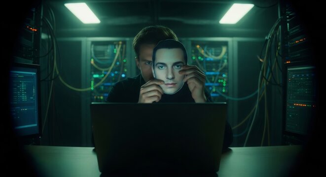 Caucasian man holding a mask of a male face in front of him, sitting at a laptop in a dark server room. Hacking and cybercrime concept.