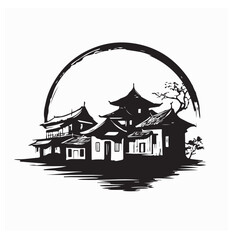 Traditional Asian Village Rustic Buildings Landscape Vector Isolated on white background