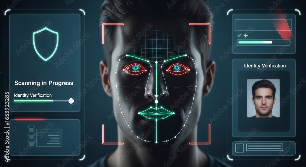 Poster a man's face being scanned for identity verification. biometric facial recognition technology for di