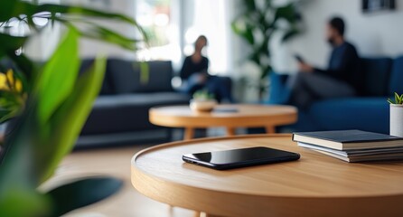 Modern Living Room Interior Design with Smartphone and Books on Coffee Table