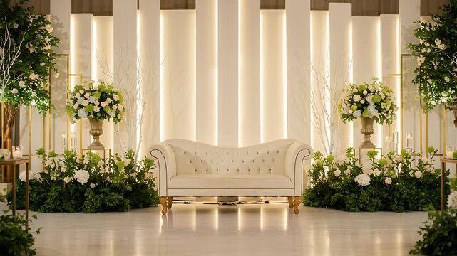 Elegant wedding stage with white sofa and floral arrangements, animation video
