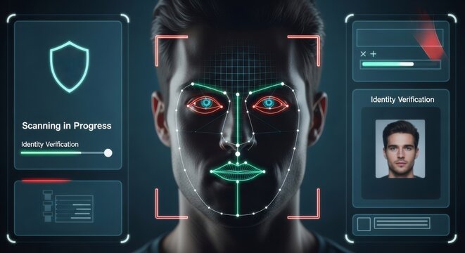 A man's face being scanned for identity verification. Biometric facial recognition technology for digital security and access.